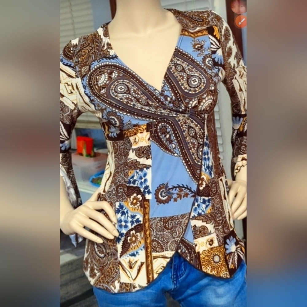 Bohemian Top Medium Split sleeve Brown Paisley Long Sleeve Blouse Baby doll top - Picture 11 of 12